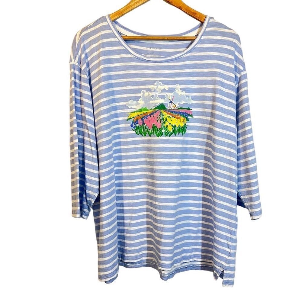 Talbots Plus 3X Blue White Stripe T-Shirt Windmill & Tulips Holland 3/4 Sleeve